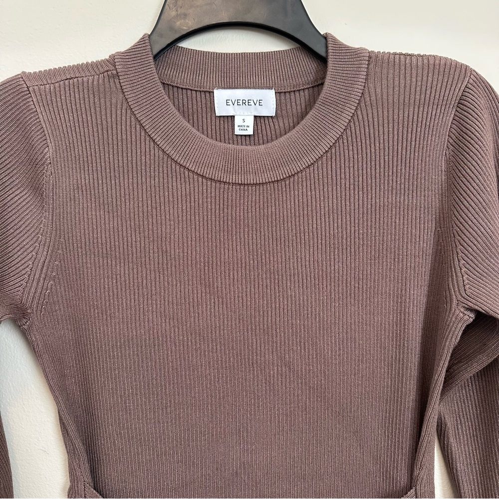 Evereve Ribbed Knit Tie Waist Midi Dress Brown Long Sleeve Size Small Minimalist - Picture 4 of 8